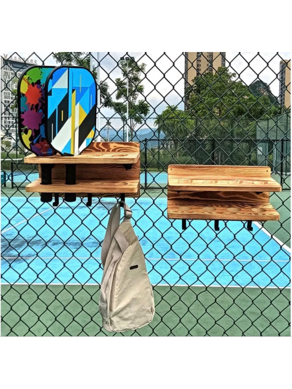 NEW Set of 2 Pickleball Paddle Rack Holder Hooks Fence Wall Solid Wood